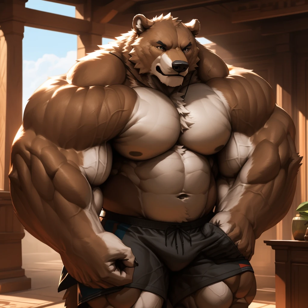 Solo, 1boy, intricate detailed eyes, masterwork anime illustration, perfect proportions, powerful muscular body, perfect hands, veiny muscular body, thick arms, large biceps, black gym shorts, masterwork anime screenshot, detailed muscle, Grizzly bear. ((extremely muscle size, super thick arms, huge pec, heavy thick brown fur, extremely wide pectoral , huge arms)). and add details to make it attractive and interesting. Add textures and details to make the image more realistic, Make sure the resulting image is high resolution, 8K quality." (best quality,4k,8k,highres,masterpiece:1.2),ultra-detailed,(realistic,photorealistic,photo-realistic:1.37),dramatic lighting,chiaroscuro,atmospheric,moody,cinematic