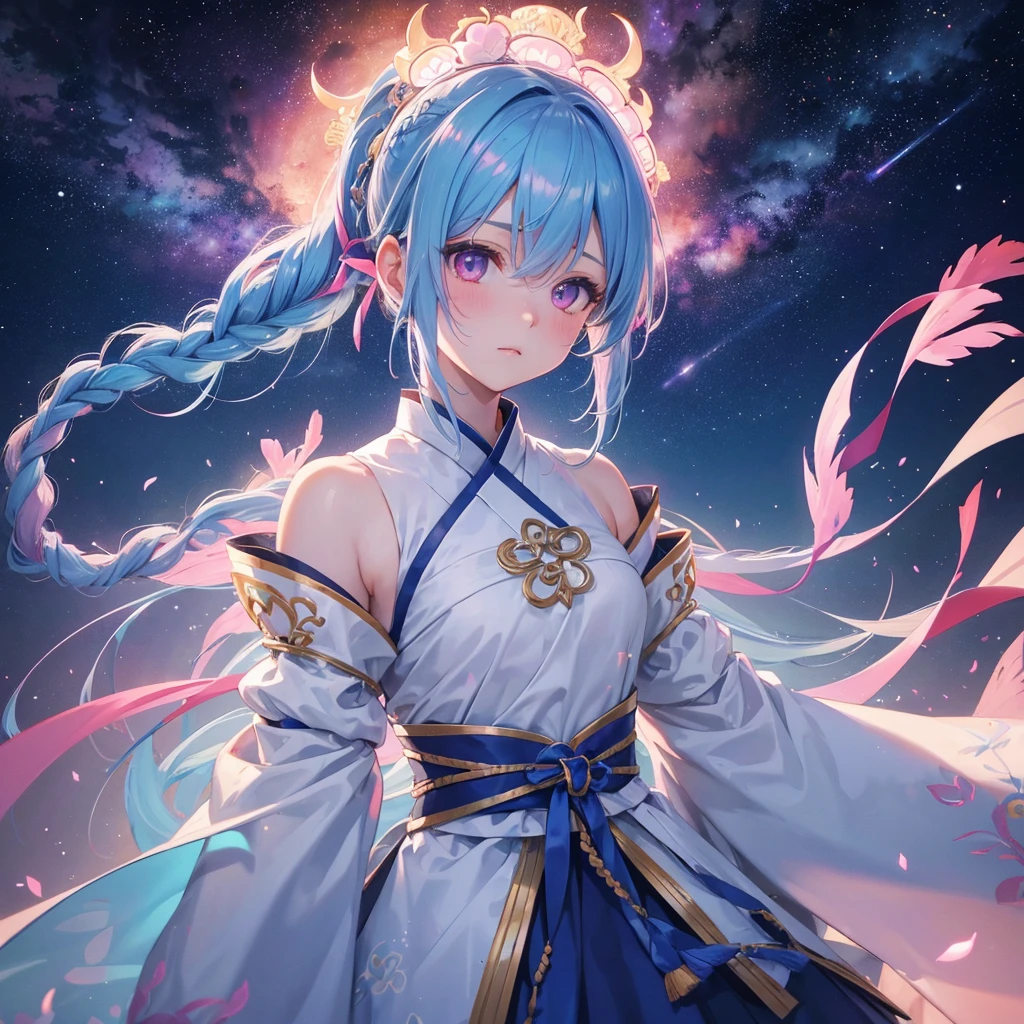 Sky blue hair, (One braided ponytail),(Pink Eyes),Fair skin ,(whole body),(One girl),Hanfu,Tanabata,(A beautiful Milky Way in the night sky),Hollow Eyes,Blushing,Straight bangs,(masterpiece, Highest quality, Very detailed, Best Shadow), (Detailed Background), (Beautifully detailed face), High Contrast, (Best lighting, Very delicate and beautiful), ((Cinematic Light)), colorful, Hyper Detail, Dramatic Light, Intricate details,