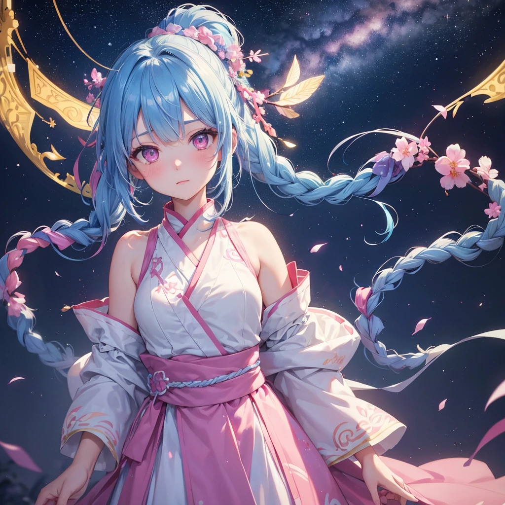 Sky blue hair, (One braided ponytail),(Pink Eyes),Fair skin ,(whole body),(One girl),Hanfu,Tanabata,(A beautiful Milky Way in the night sky),Hollow Eyes,Blushing,Straight bangs,(masterpiece, Highest quality, Very detailed, Best Shadow), (Detailed Background), (Beautifully detailed face), High Contrast, (Best lighting, Very delicate and beautiful), ((Cinematic Light)), colorful, Hyper Detail, Dramatic Light, Intricate details,