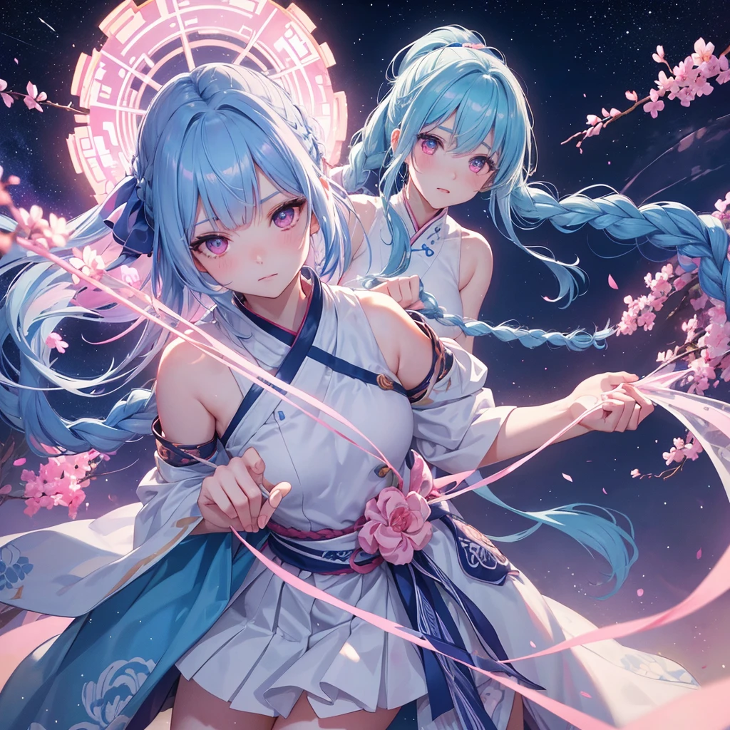 Sky blue hair, (One braided ponytail),(Pink Eyes),Fair skin ,(whole body),(One girl),Hanfu,Tanabata,(A beautiful Milky Way in the night sky),Hollow Eyes,Blushing,Straight bangs,(masterpiece, Highest quality, Very detailed, Best Shadow), (Detailed Background), (Beautifully detailed face), High Contrast, (Best lighting, Very delicate and beautiful), ((Cinematic Light)), colorful, Hyper Detail, Dramatic Light, Intricate details,