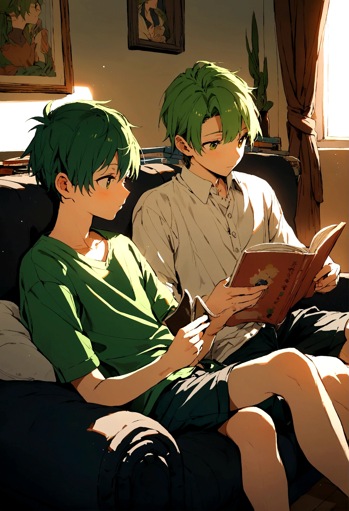 2 boys, 16 years, green hair, sitting on the couch, reading, in room