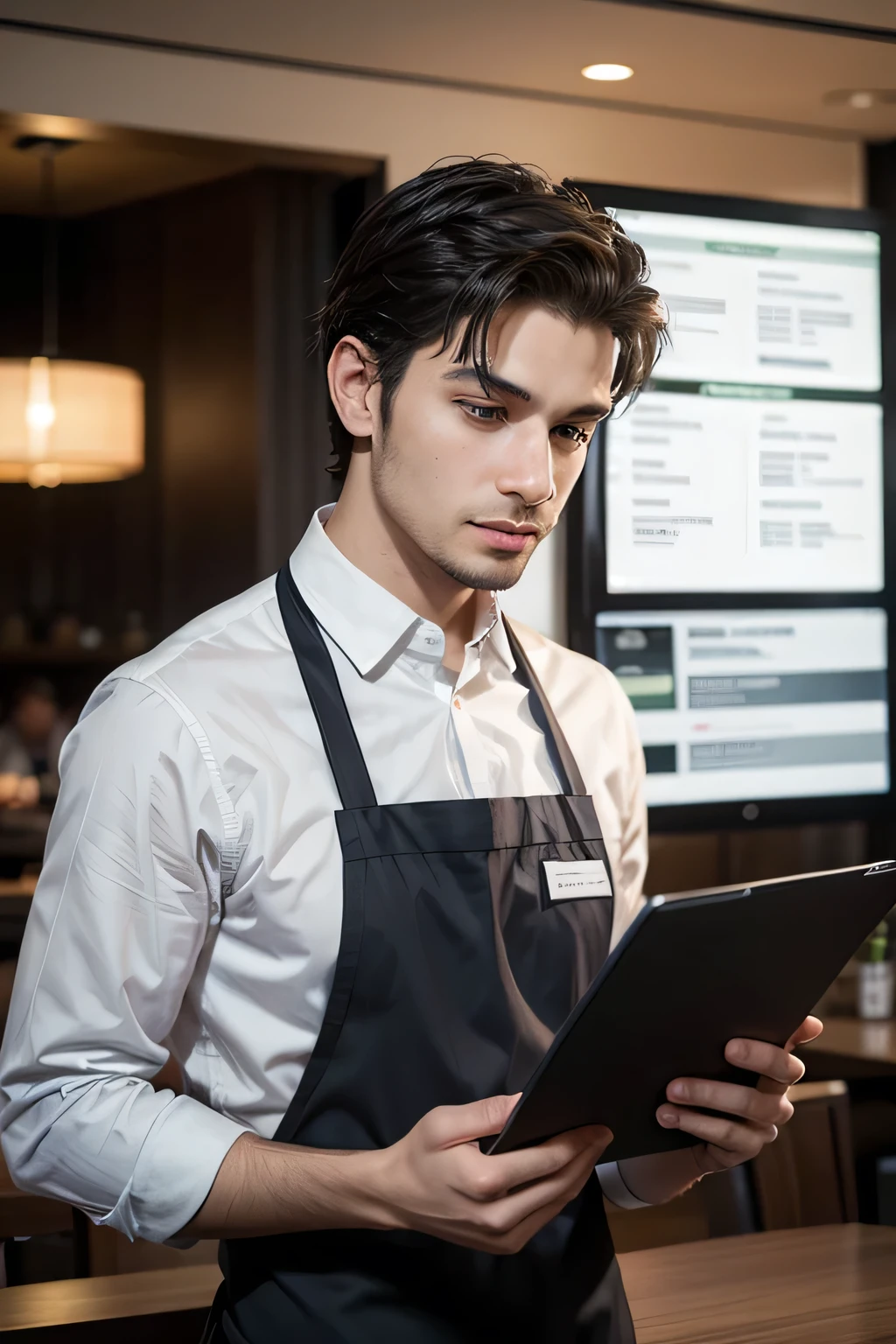 man working in the information technology field delivering a menu in a restaurant to formally dressed customers.