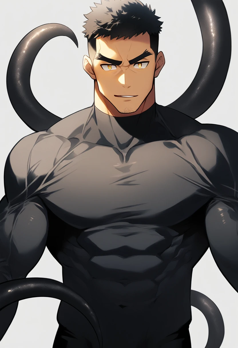 anime characters：Superhero in tights, negro black skin, He was entangled by a large number of thick black tentacles, Caress, Bundle, Manliness, male focus, Yellow and black high collar long sleeve tight T-shirt, Slightly transparent material, Very tight, Round, full and perky chest muscles, Male dog waist, Slightly transparent, muscular male, muscular, only, Upper body, alone, Black short hair, Thick eyebrows, stubble, Yellow eyes, Grey background, simple background, amazing quality, best aesthetics, Ridiculous, bright pupils, crew cut, parted lips, seductive smile, torogao, naughty face, drop shadow, best quality