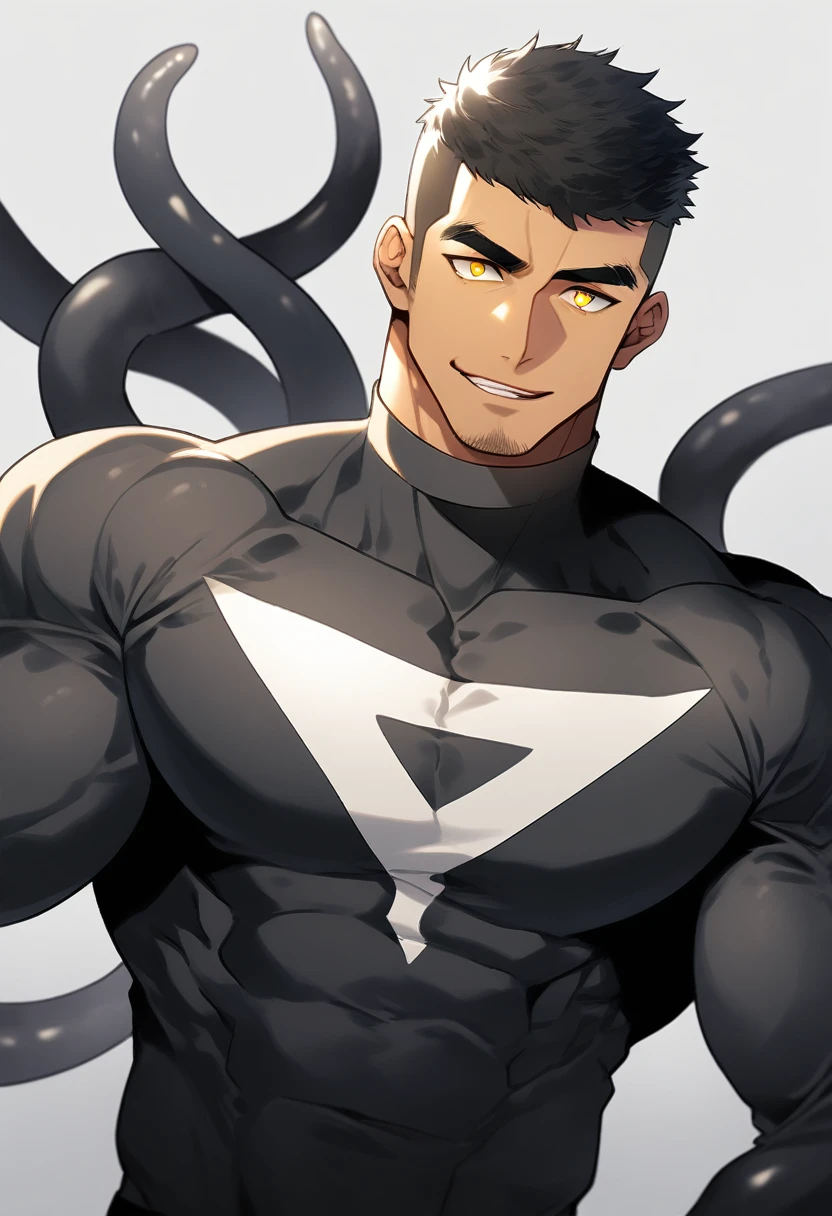 anime characters:Superhero in tights, negro black skin, He was entangled by a large number of thick black tentacles, Caress, Bundle, Manliness, male focus, Yellow and black high collar long sleeve tight T-shirt, Slightly transparent material, Very tight, Round, full and perky chest muscles, Male dog waist, Slightly transparent, muscular male, muscular, only, Upper body, alone, Black short hair, Thick eyebrows, stubble, Yellow eyes, Grey background, simple background, amazing quality, best aesthetics, Ridiculous, bright pupils, crew cut, parted lips, seductive smile, torogao, naughty face, drop shadow, best quality