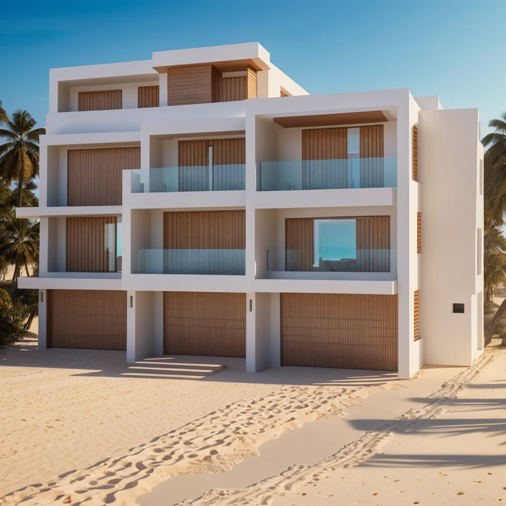 RAW photo, Modern villa on the beach, masterpiece, photorealistic, best quality, ultra high res, architechture shot, composite construction, piles/stacks, innovative page design,natural light,Vray, 8k uhd, dslr, soft lighting, high quality, film grain, Fujifilm XT3