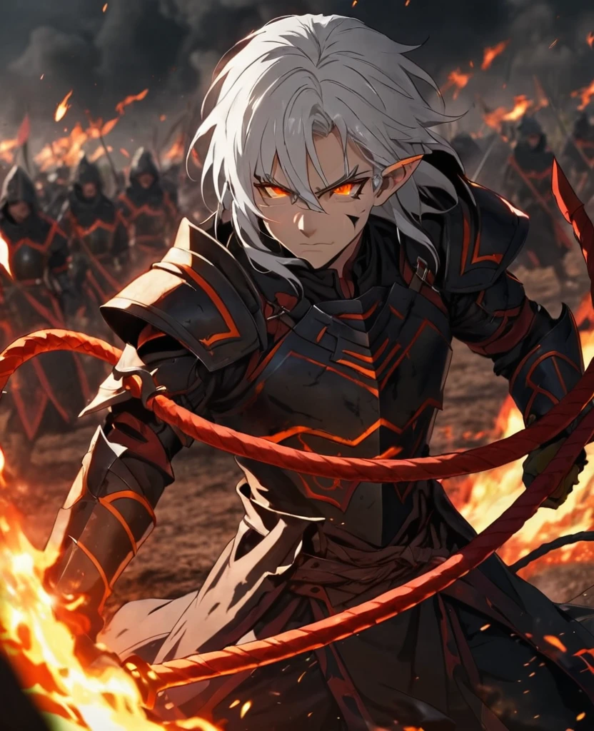 male,pierced pointed ears,white hair,orange eyes,broken red and black armour,dark magic,dark expression,fire whip,dark sword,on a battlefield