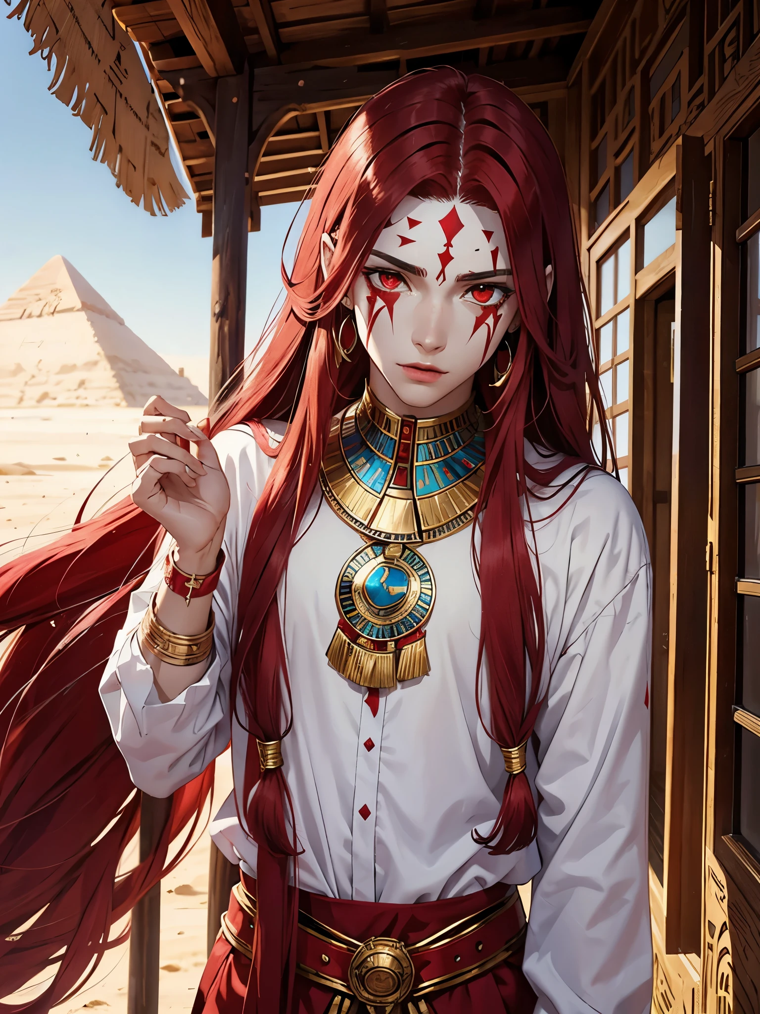 Egyptian God Seth. long red hair, White clothing, Egyptian clothing, silver jewelry. light skin. red eye. red facepaint. erotic. Hot. one person. A young feminine man. Desert.