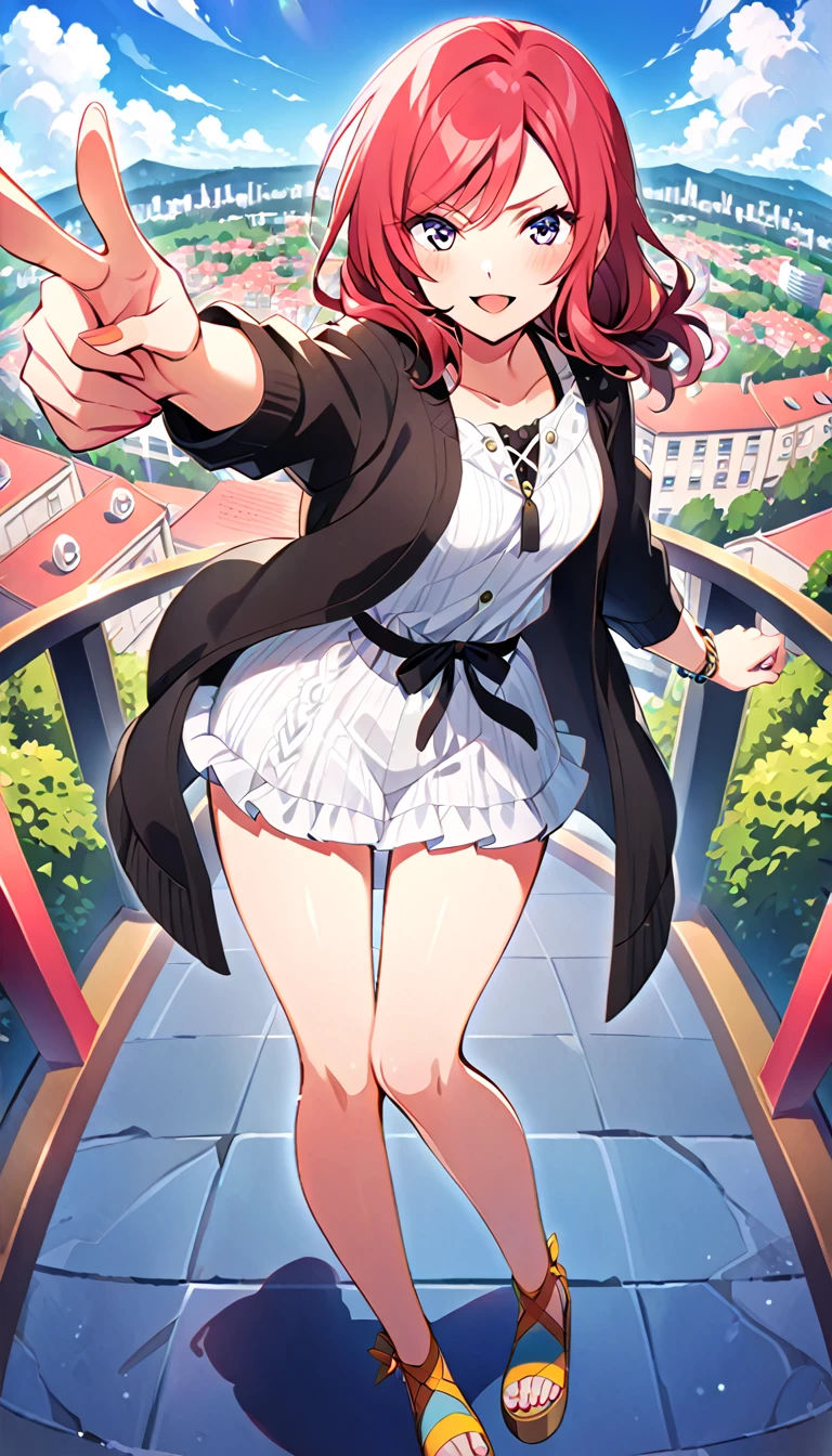 One girl, Maki Nishikino's whole body, wearing clothes for going out in the city in midsummer, id_maki_nishikino,Pointing at the viewer, town background