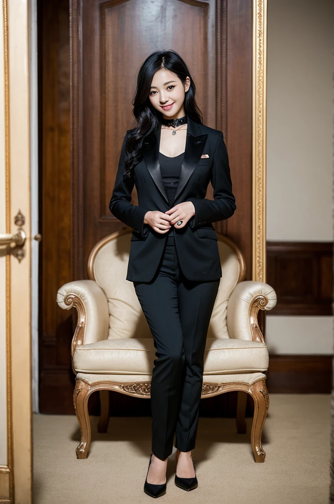 Pure young Japanese girl, wearing dark colors gothic style suits, high heels, vivid makeup, natural black hair styles, sitting in antique in style rooms, sweet smile, professional portrait photography, midnight, 