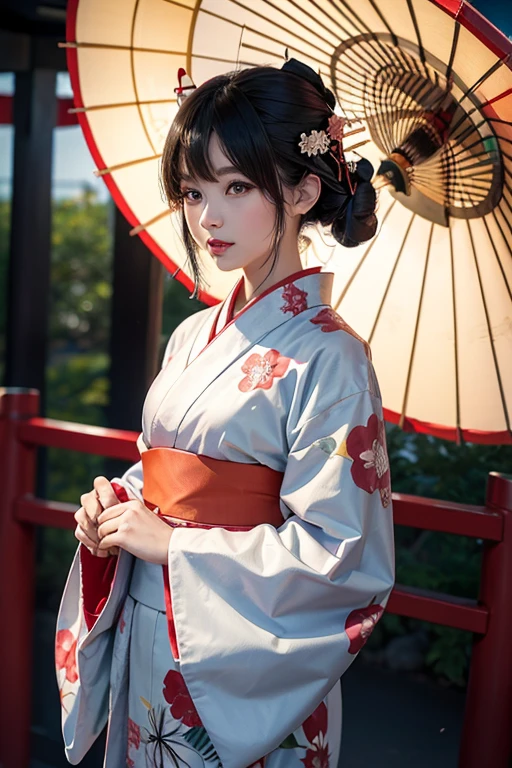 araffe woman in a kimono dress holding a red umbrella, 色鮮やかなyukataを着て, wearing kimono, in kimono, wearing a kimono, yukata, wearing a haori, in a kimono, classy yukata, wearing royal kimono, pale and coloured kimono, japanese kimono, Shot with Canon EOS 5D, kimono, Japanese style