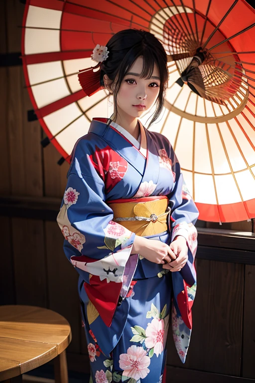 araffe woman in a kimono dress holding a red umbrella, 色鮮やかなyukataを着て, wearing kimono, in kimono, wearing a kimono, yukata, wearing a haori, in a kimono, classy yukata, wearing royal kimono, pale and coloured kimono, japanese kimono, Shot with Canon EOS 5D, kimono, Japanese style