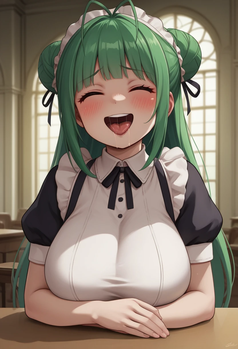 head on table, score_9, score_8_up, score_7_up, source_anime, BREAK 1girl, sdrnd, green hair, long hair, bangs, double bun, antenna hair, blush, , smile, shy, embarrassed, smile, , maid, mansion, room, looking down, from bellow, seductive smile, table, happy, very happy, open mouth, salivating, saliva, , tongue out, uvula, tongue, big mouth, , closed eyes, big breasts, standing, dress lift, navel, hand on stomach side, on side,