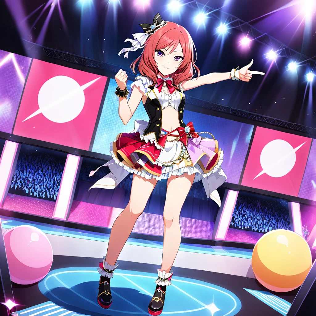 One girl, Nishikino Maki, purple eyes, full body picture, live stage, small breasts, idol costume, smile, solo, id Nishikino Maki, character focus,Pointing at the viewer