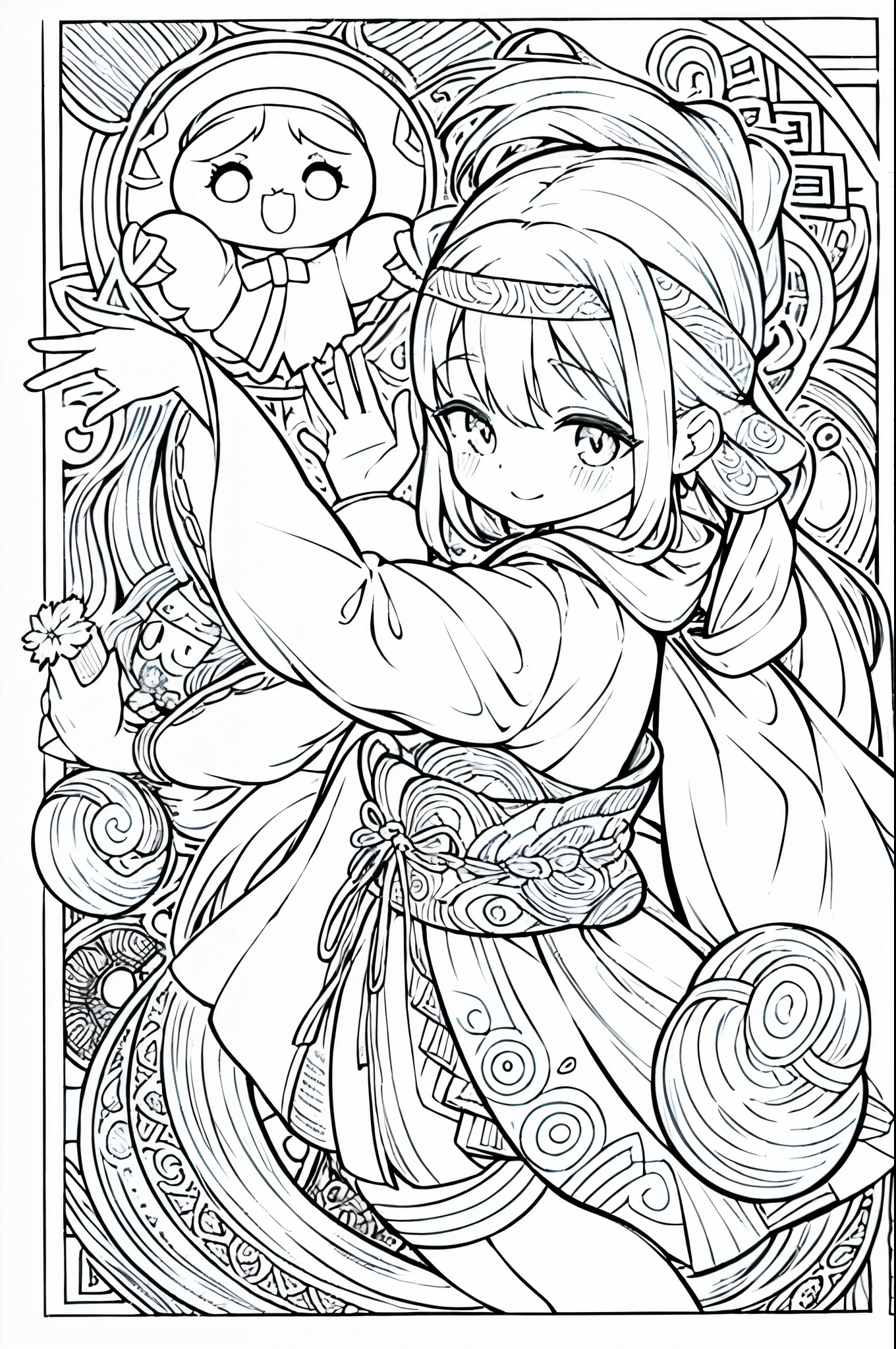 One girl, Create a baby chibi version of the Alice character in an 8K resolution, coloring pages, simplified zentangle, coloring book outline, black and white only, no outline, intricate designs, coloring book, celtic design, intricate lines, no gradients, Chibi, best quality, paper doll, shadow puppet, stained glass background, clockpunk, Andersen,A girl with a ponytail is wearing a kimono with a crane pattern, practicing kendo in a dojo, and wearing a headband as a hair accessory, It's sunny, Detailed eyes, clear outlines, kawaii pose, A smile, Raise your right hand, Eye Up, Laugh, radiant light, Taken from the side. She should look adorable and cute. Give him a smiling expression and a sweet smile on his face, capturing the essence of the character in a delicate and charming way.