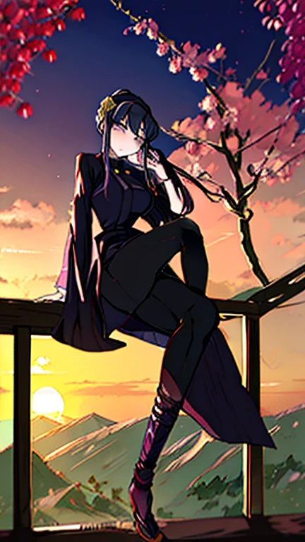 demon slayer anime style, Kotouji Agamaki, 1 girl 22 years old, serious and calm with gold eyes and pronounced eyebrows, Long straight braided hair surrounding your hair, dark purple hair with the most striking violet tips and two side sideburns of hair and long bangs, She wears a long-sleeved hunter uniform with a dark magenta skirt and everything., a katana, a black japanese coat with gold floral). Kimetsu no yaiba anime. sitting on his legs, in a fic, next to a window from head to toe with landscape background of a cherry tree and a sunset,