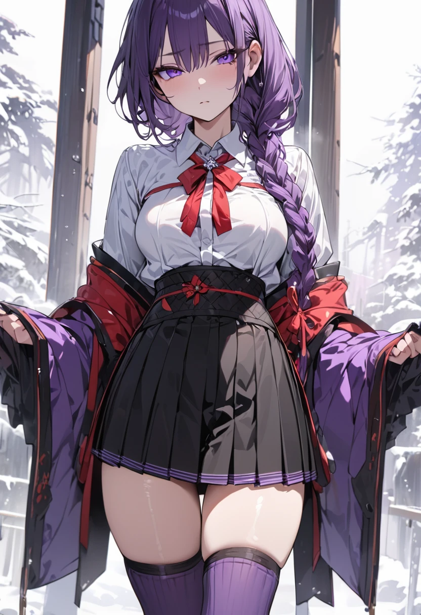 masterpiece,(bestquality),highlydetailed,ultra-detailed, cold, solo, (1girl), dark purple hair, very long single braid, bright purple eyes, white collared shirt with furisode sleeves, thin red bow tie under the collar, diamond-shaped pin on the front of the bow, black high-waisted pleated skirt, dark purple high socks, black ankle boots, medium breasts, emotionless, calm, expressionless, white background, full body