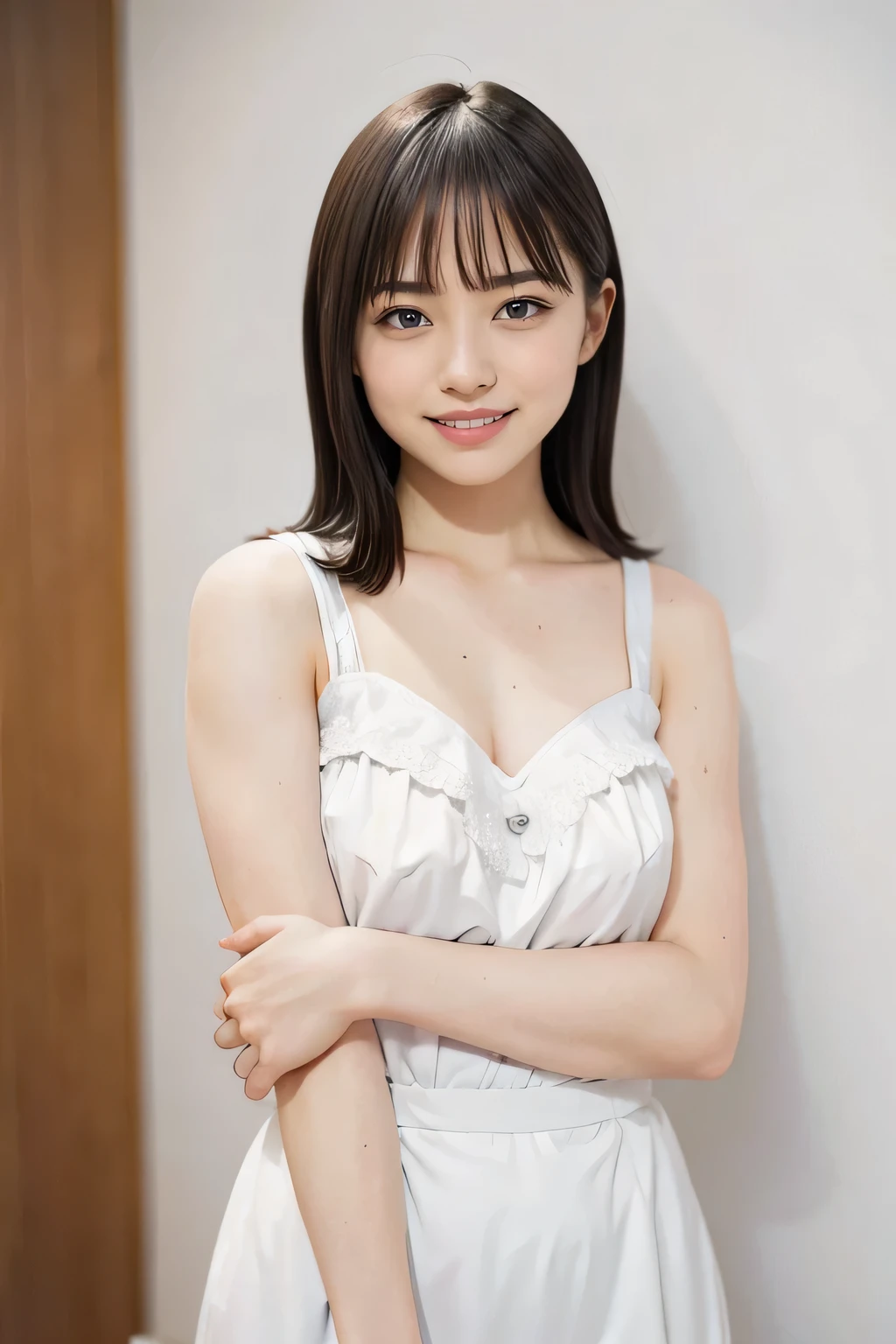 1girl, 25 years old woman, medium breasts, cute face, beautiful face, (perfectly detailed face), ((looking at viewer)), Hands behind the body, hands behind head, Simple Background, Lingerie, white background, white wallpaper, emphasizing breasts, holding breasts up with arms, grin, open mouth, photorealistic, (bokeh), UHD, anatomically correct, highres