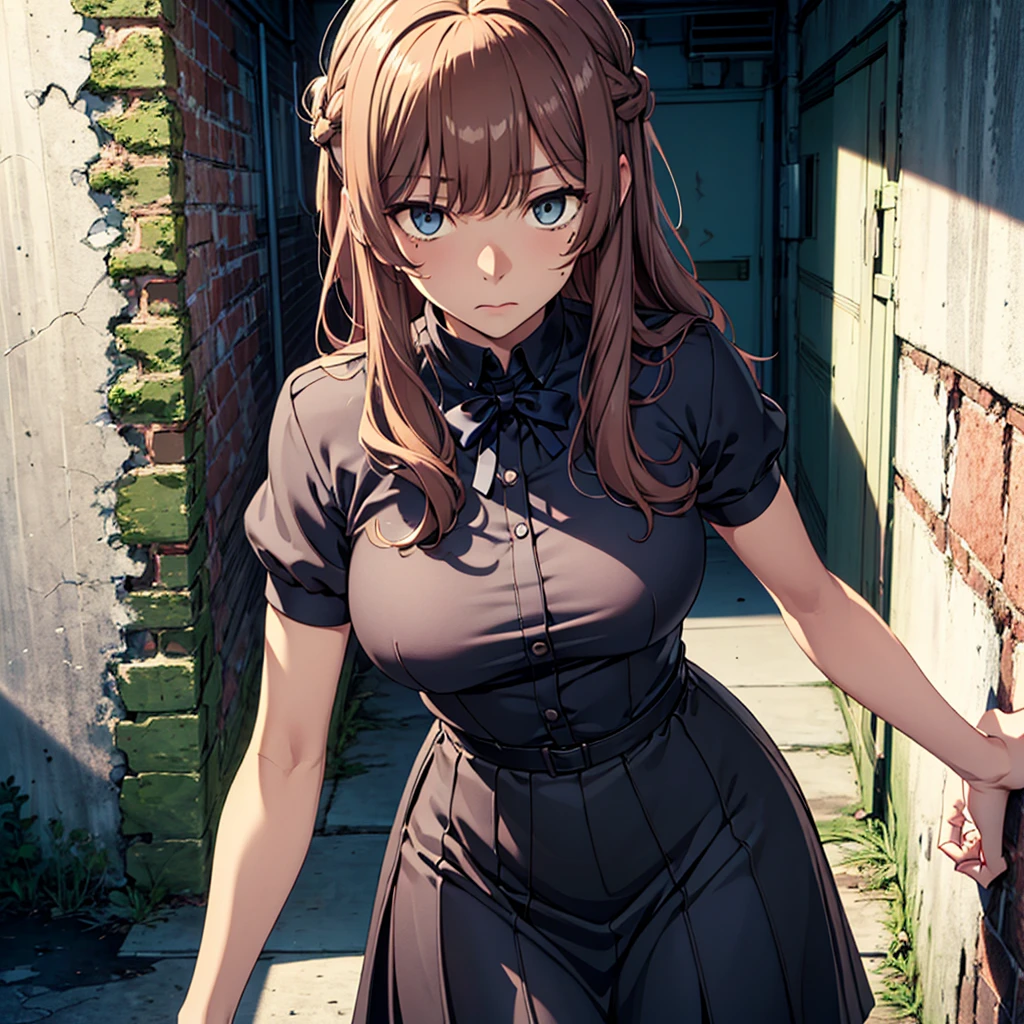 ((masterpiece,best quality)), highres, extremely detailed 8K wallpaper, depth_of_field, cowboy shot, solo, 1girl, saeki sayaka yagatekimininaru, long hair, (honey color hair), blue eyes, bow, big breasts, wide hips, thights, dirty ally, blue dress, baggy eyes, dark blonde hair, disgusted expression, shadows under her eyes, baggy eyes, cracks in the walls, from above, semen on her face, night, dark