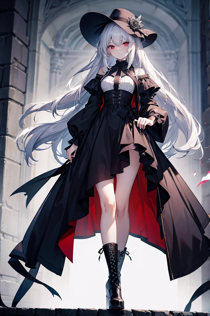 Girl, 20 years old, with long white hair down to below her waist, a serious yet tender expression, and red eyes. Her hair features black streaks. She wears antique-style clothing, a long black dress with a slit on the legs, and high black boots that almost reach her knees. Her power and background are related to shadows and darkness. 