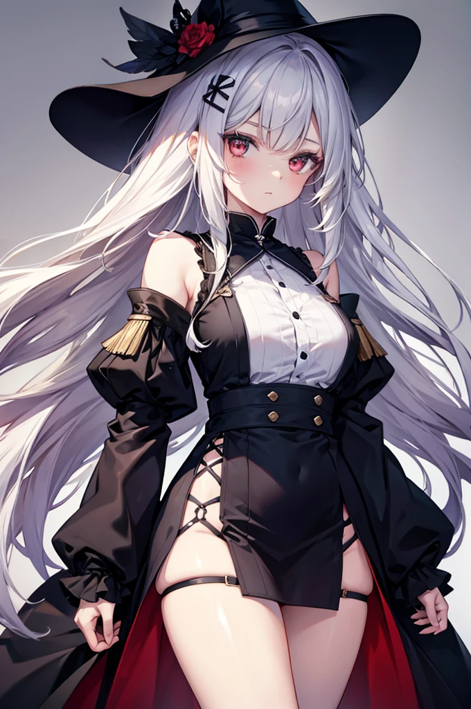 Girl, 20 years old, with long white hair down to below her waist, a serious yet tender expression, and red eyes. Her hair features black streaks. She wears antique-style clothing, a long black dress with a slit on the legs, and high black boots that almost reach her knees. Her power and background are related to shadows and darkness. 