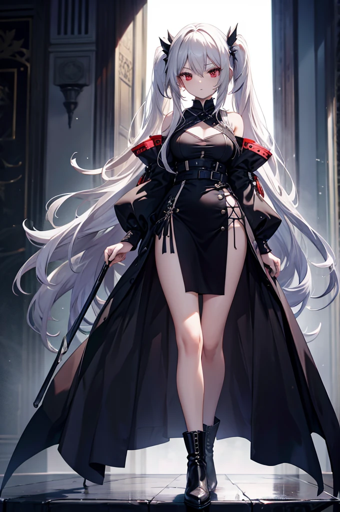 full body shot, sickly maid, bloody axe, mansion, hall, absurdres, RAW photo, extremely delicate and beautiful, masterpiece, Best Quality, ultra high resolution, 32k, hyperrealistic, ultra-detailed description, pale skin, 20 years old, detailed beautiful face and eyes, tearful mole, earring, Colossal tits, short medium wavy hair,