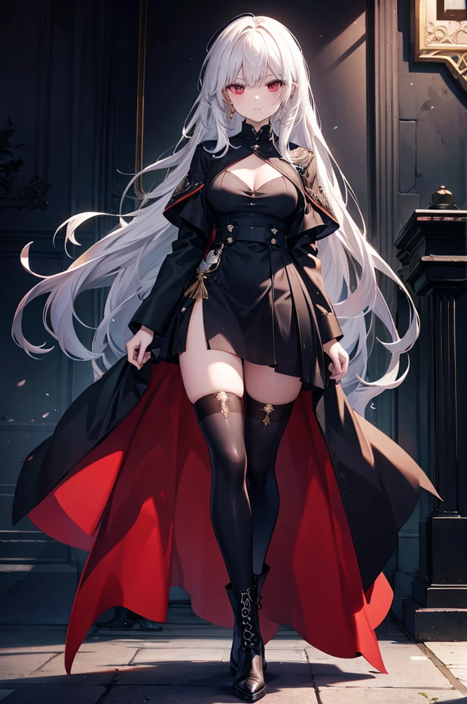 Girl, 20 years old, with long white hair down to below her waist, a serious yet tender expression, and red eyes. Her hair features black streaks. She wears antique-style clothing, a long black dress with a slit on the legs, and high black boots that almost reach her knees. Her power and background are related to shadows and darkness.