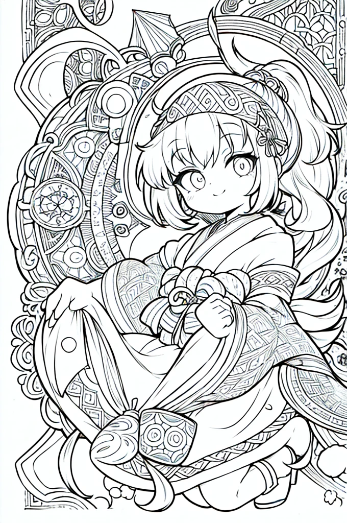 One girl, Create a baby chibi version of the Alice character in an 8K resolution, coloring pages, simplified zentangle, coloring book outline, black and white only, no outline, intricate designs, coloring book, celtic design, intricate lines, no gradients, Chibi, best quality, paper doll, shadow puppet, stained glass background, clockpunk, Andersen,A girl with a ponytail is wearing a kimono with a crane pattern, practicing kendo in a dojo, and wearing a headband as a hair accessory, It's sunny, Detailed eyes, clear outlines, kawaii pose, A smile, Raise your right hand, Eye Up, Laugh, radiant light, Taken from the side. She should look adorable and cute. Give him a smiling expression and a sweet smile on his face, capturing the essence of the character in a delicate and charming way.