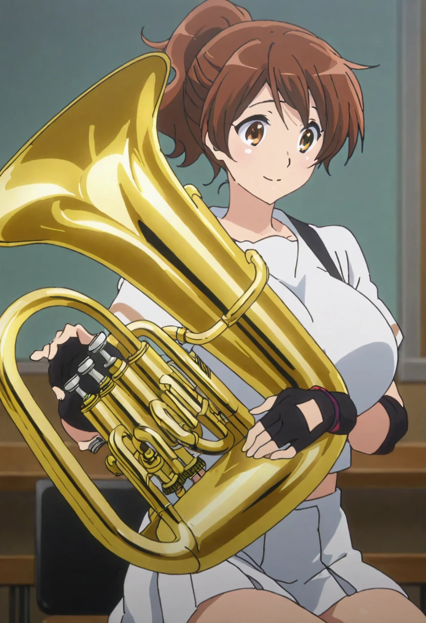 (Flat Color:1.2), Vibrant colors, Highest quality, High resolution, alone, indoor, (Huge breasts:1.3), Kyoto Animation,Retro Anime, sharp, Sound Euphonium,Defined Line, detailed, compensate, Beautiful Face, Gorgeous eyes, smile, Kumiko Oumae,ponytail,White Crop Top, Elbow pads, Fingerless gloves, suspenders, Black socks, From the side, Sitting