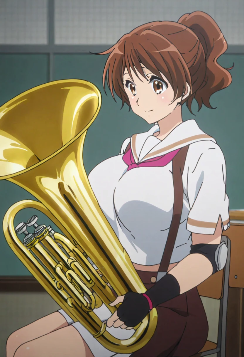 (Flat Color:1.2), Vibrant colors, Highest quality, High resolution, alone, indoor, (Huge breasts:1.3), Kyoto Animation,Retro Anime, sharp, Sound Euphonium,Defined Line, detailed, compensate, Beautiful Face, Gorgeous eyes, smile, Kumiko Oumae,ponytail,White Crop Top, Elbow pads, Fingerless gloves, suspenders, Black socks, From the side, Sitting