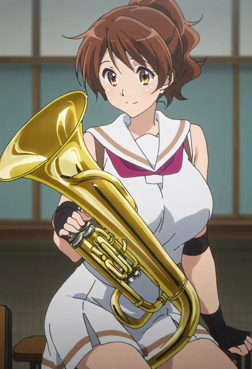 (Flat Color:1.2), Vibrant colors, Highest quality, High resolution, alone, indoor, (Huge breasts:1.3), Kyoto Animation,Retro Anime, sharp, Sound Euphonium,Defined Line, detailed, compensate, Beautiful Face, Gorgeous eyes, smile, Kumiko Oumae,ponytail,White Crop Top, Elbow pads, Fingerless gloves, suspenders, Black socks, From the side, Sitting