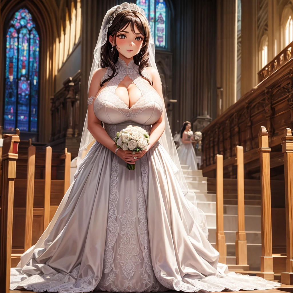 Woman with huge breasts in lace neckline and wedding dress at the altar