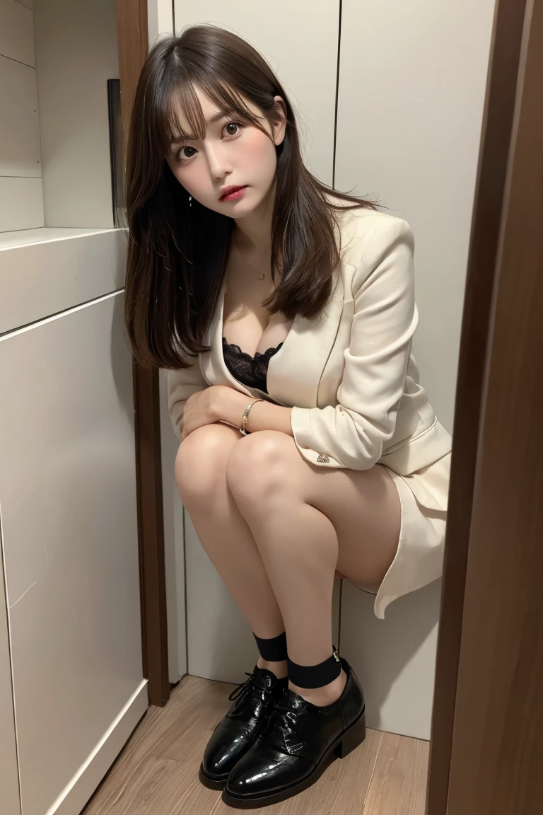 Entrance Shoe cupboard、, Highest quality, shape, Very detailed, In detail, High resolution, 8k wallpaper, Perfect dynamic composition, Beautiful details, Natural Lip, suit, Big Breasts, Cleavage, She is taking off her shoes, Her face is deep in thought..., A masterpiece of the whole body, Full Body Shot