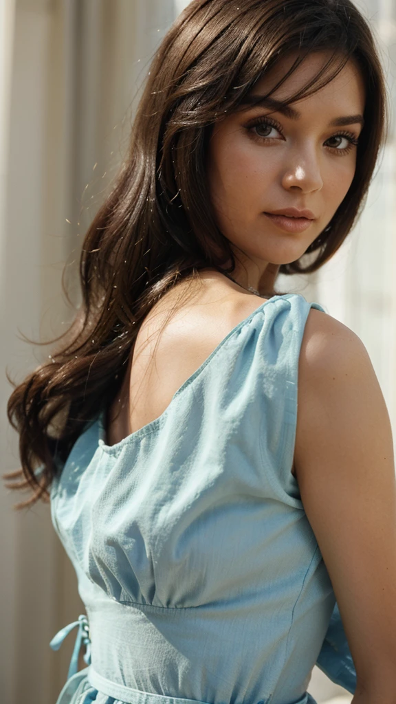woman wearing dress of 1970, hair style 1970, close up, details skins, blurry background,