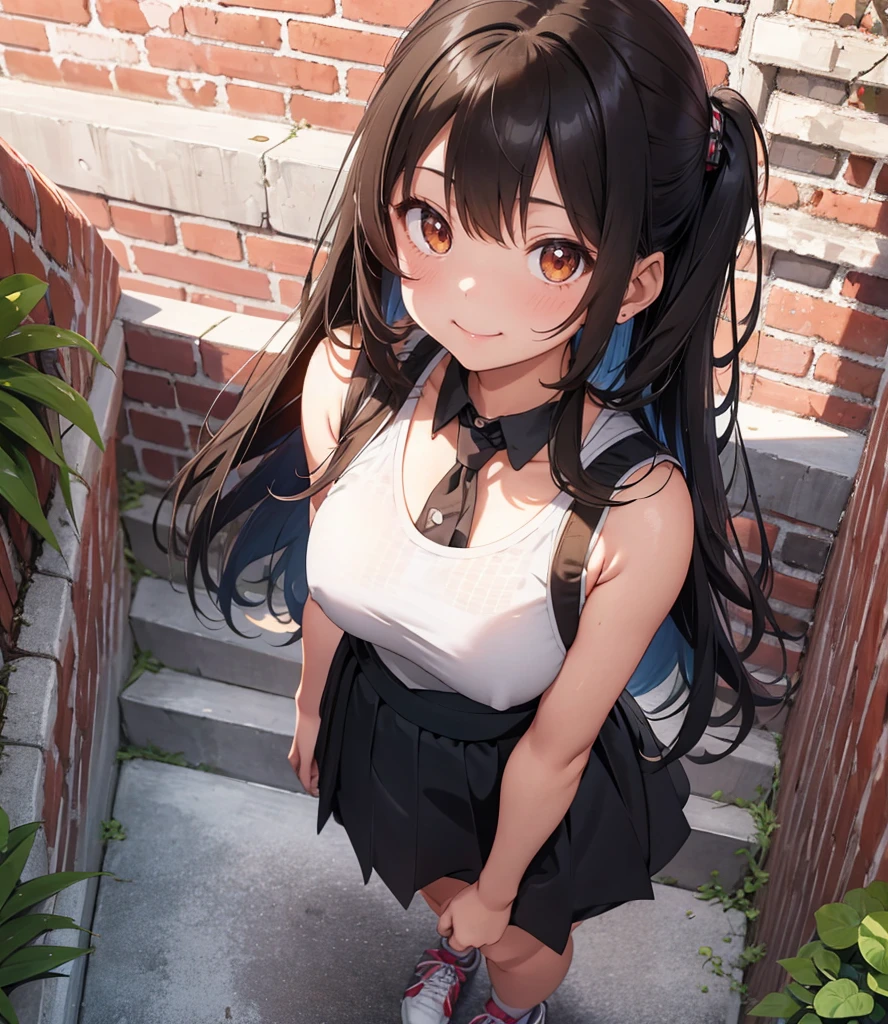The pinnacle of anime illustration, moe style illustration, the best of the best, masterpiece, super detailed, master piece, extremely detailed, high resolution, Haruba Negi style, curious eyes, glossy plump lips, glossy hair, slim waist, girl, tank top, checkered mini skirt, checkered tie, mid-bust, slim waist, hands on hips, semi-long hair, brown hair, brick wall background, potted plant, smiling with mouth closed, full body, looking up at the girl from the bottom of the stairs, wearing sneakers, about to go up the stairs