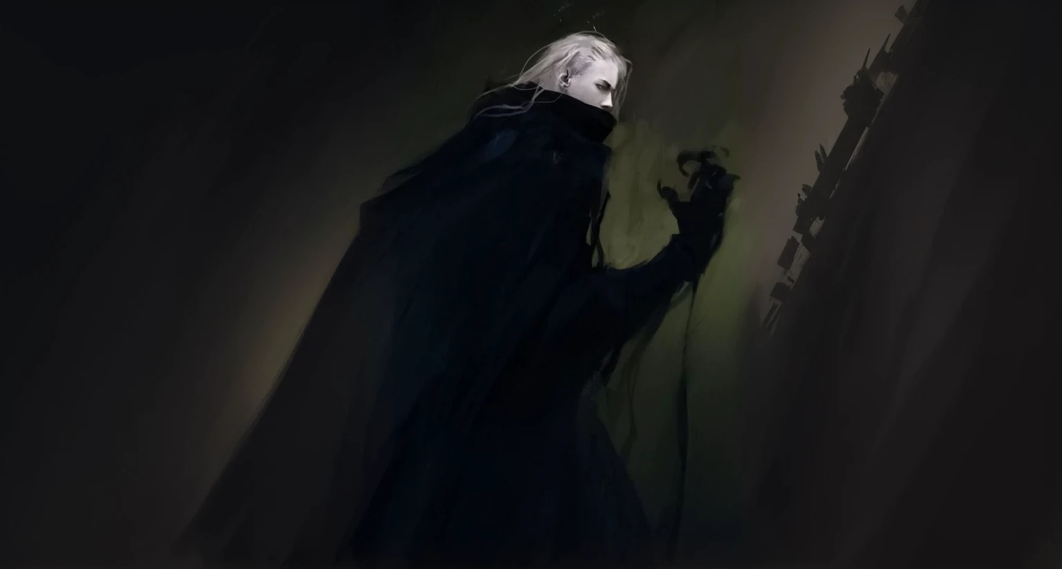 a painting of a man in a black cloak holding a knife, dark and mysterious character, dark camouflaged figure, dark concept art, dark dress, dark camouflaged necromancer, black cloak hidden in shadows, camouflaged, dark illustration, dark hood specter, mysterious figure, dark paint, dark dress witch, black witch character, camouflaged woman