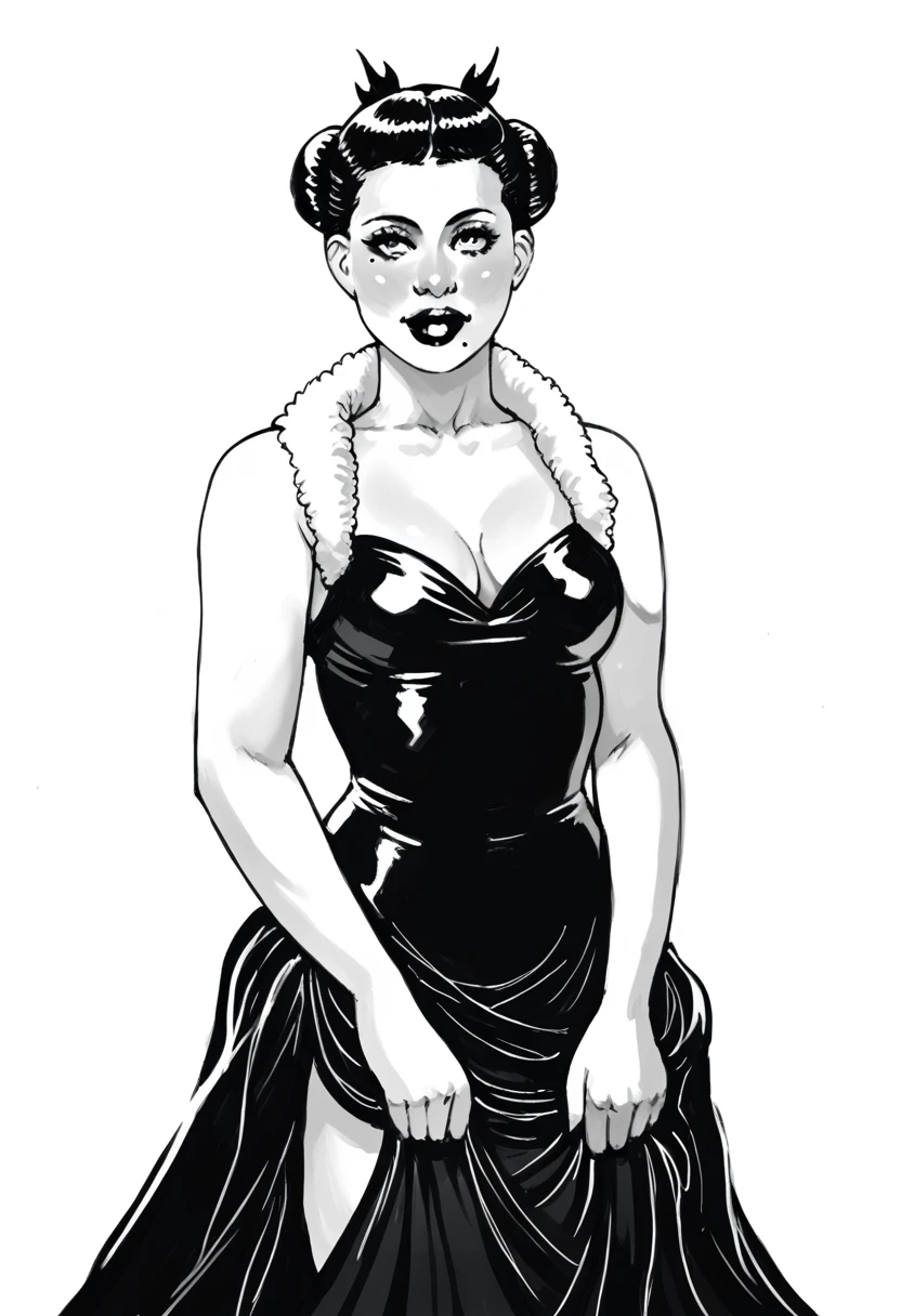 score_9, score_8_up, score_7_up, score_6_up BREAK monochrome, sp1t, 1girl,solo, slim, pale skin tone, beauty mark, dark red lipstick, regal dressing, fur trimmed black dress, dark background, bun hairstyle