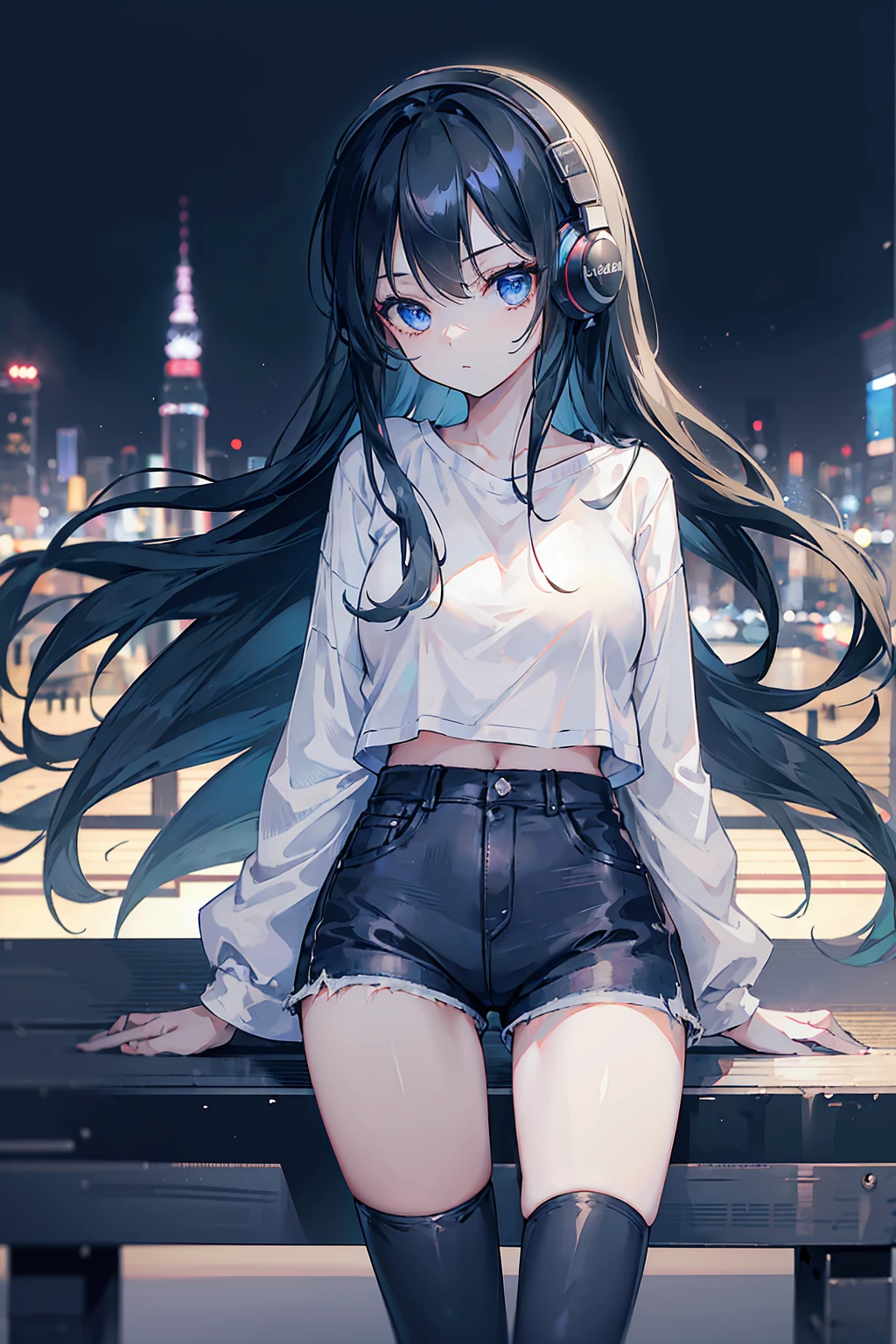 1 girl, long black hair, Blue eyes, with tight white shirt, denim shorts, using headphones, tokyo night city, absurdities, high resolution, ultra-sharp, 8k, Masterpiece, looking at the viewer