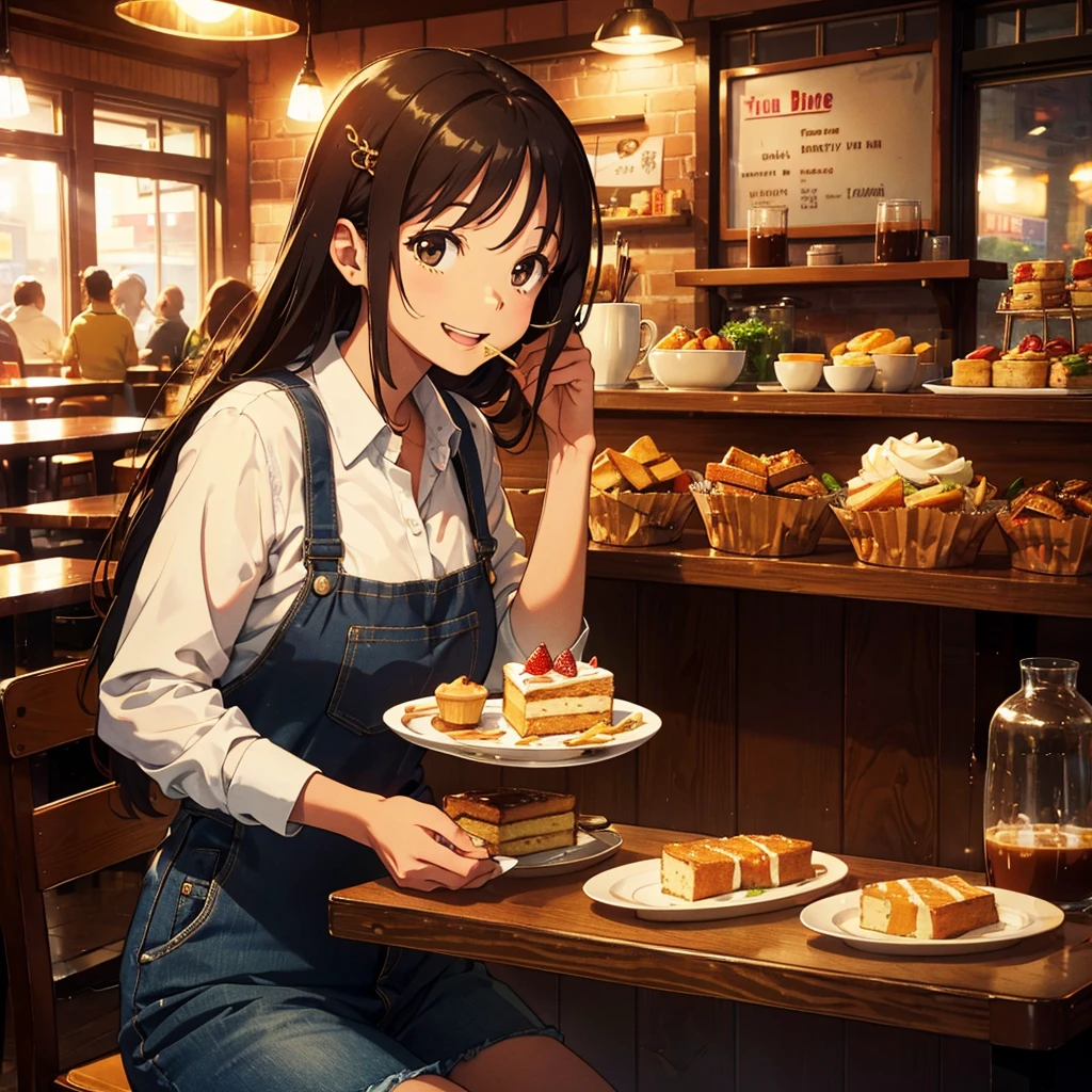 High resolution,high quality,High resolution,Woman eating cake,coffee shop,Happy expression