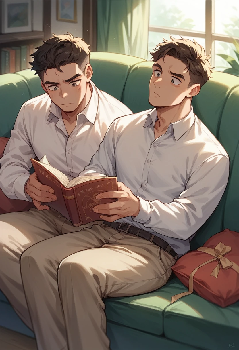 2 guys 16 years old, reading a book indoors on the sofa, while it's raining outside