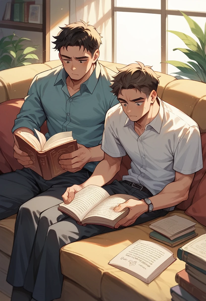 2 guys , reading a book indoors on the sofa, while it&#39;s raining outside