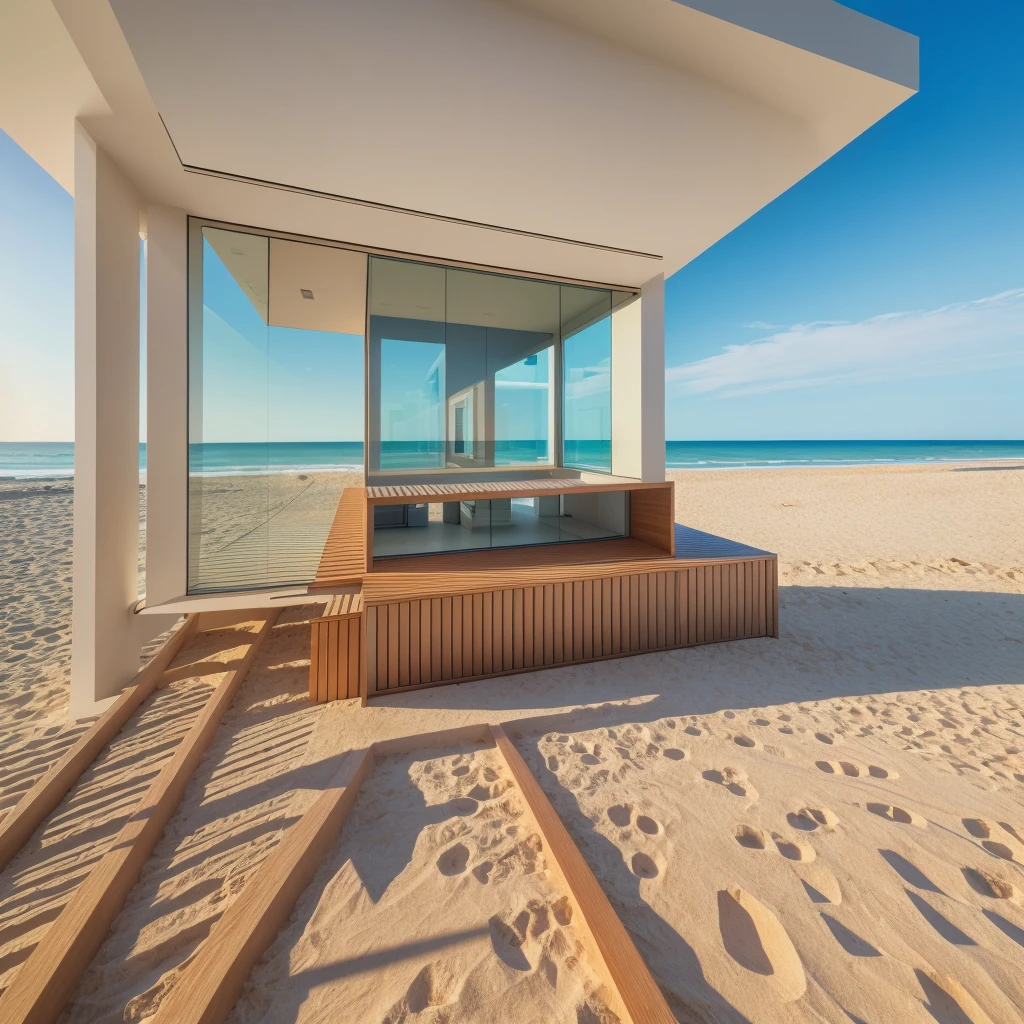 RAW photo, Modern villa on the beach, masterpiece, photorealistic, best quality, ultra high res, architechture shot, composite construction, piles/stacks, innovative page design,natural light,Vray, 8k uhd, dslr, soft lighting, high quality, film grain, Fujifilm XT3