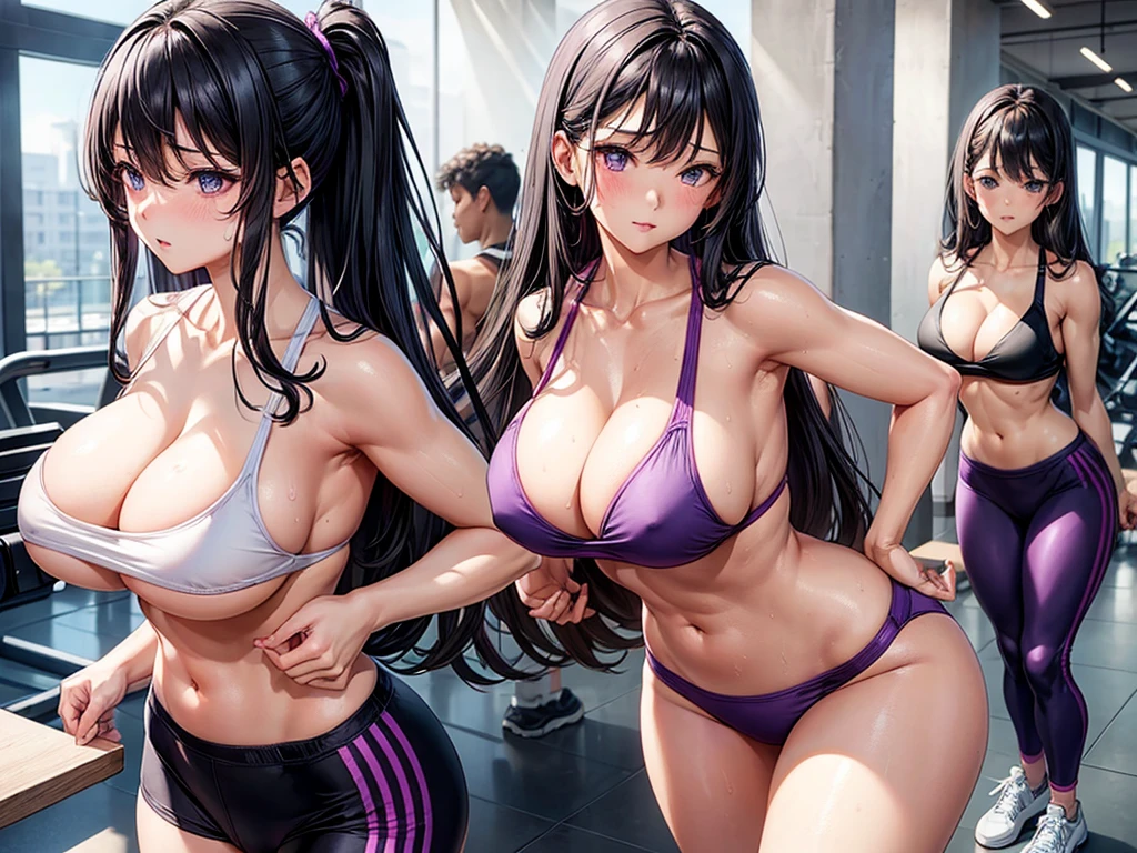 beautiful girl、Big Breasts、Black Hair、Great style、Nice body、Training Gym、Light purple bra top、Cleavage、Light Purple Bikini Pants、Beautiful ass、Toned Legs、stretch、The whole body is visible、Sweaty skin、White training socks、shoes、One Girl、