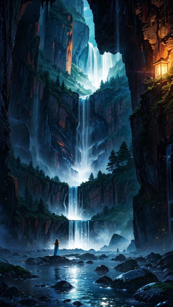 "A young girl, mesmerized by the stunning beauty of the Cave of Wonders, stands in the soft glow of the cave's interior, her delicate features illuminated by the radiance of huge gemstones. The enchanting waterfalls cascade gracefully in the background, creating a scene of pure, mystical wonder.