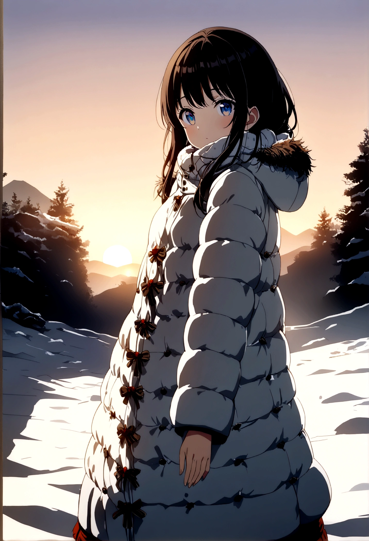 ((anime, One Woman, Fine grain, Detailed face, Detailed body), ((Highest quality, Very detailed 8K Background, Best Shadow), Very detailed, (Beautiful eyes in every detail), ((winter Clothes, Dawn, winter)))) (Cowboy Shot), anime, city, Top quality and high detail, 4K