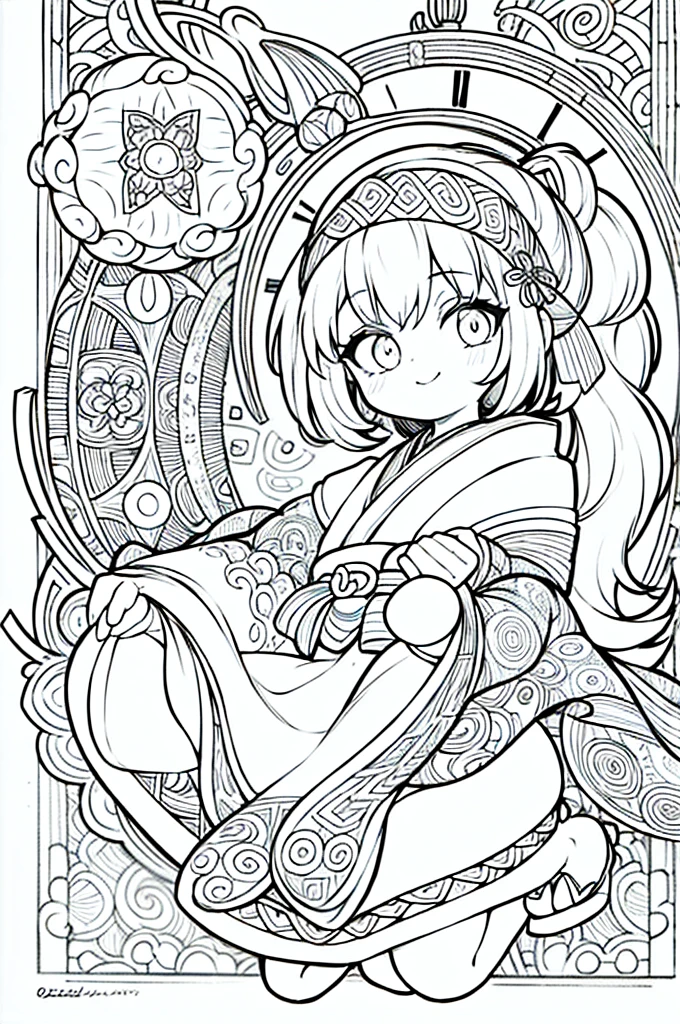 One girl, Create a baby chibi version of the Alice character in an 8K resolution, coloring pages, simplified zentangle, coloring book outline, black and white only, no outline, intricate designs, coloring book, celtic design, intricate lines, no gradients, Chibi, best quality, paper doll, shadow puppet, stained glass background, clockpunk, Andersen,A girl with a ponytail is wearing a kimono with a crane pattern, practicing kendo in a dojo, and wearing a headband as a hair accessory, It's sunny, Detailed eyes, clear outlines, kawaii pose, A smile, Raise your right hand, Eye Up, Laugh, radiant light, Taken from the side. She should look adorable and cute. Give him a smiling expression and a sweet smile on his face, capturing the essence of the character in a delicate and charming way.