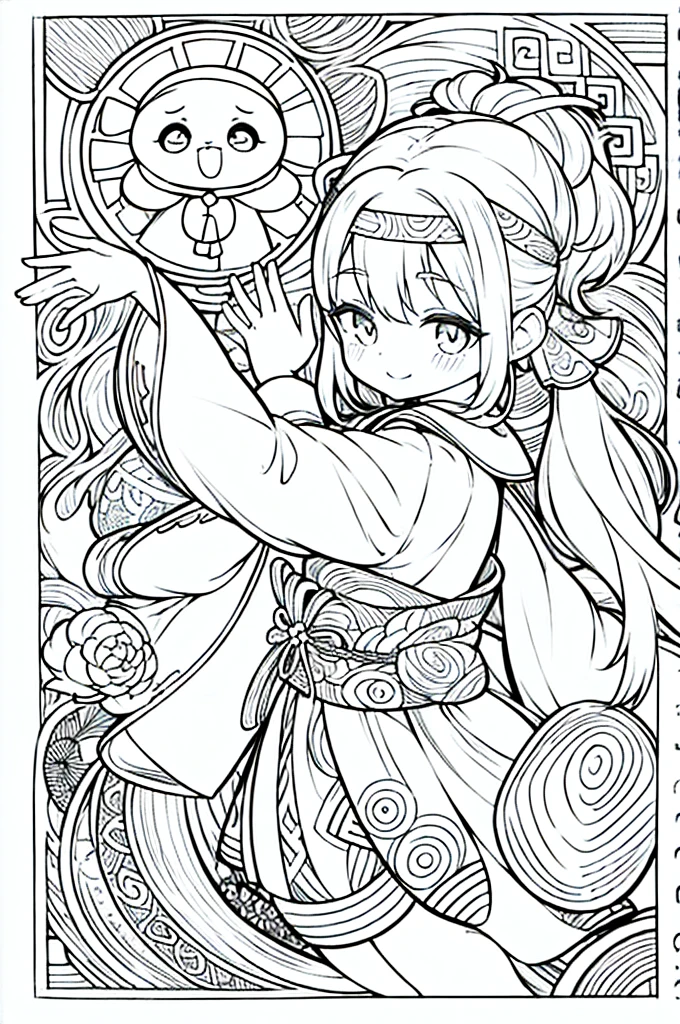 One girl, Create a baby chibi version of the Alice character in an 8K resolution, coloring pages, simplified zentangle, coloring book outline, black and white only, no outline, intricate designs, coloring book, celtic design, intricate lines, no gradients, Chibi, best quality, paper doll, shadow puppet, stained glass background, clockpunk, Andersen,A girl with a ponytail is wearing a kimono with a crane pattern, practicing kendo in a dojo, and wearing a headband as a hair accessory, It's sunny, Detailed eyes, clear outlines, kawaii pose, A smile, Raise your right hand, Eye Up, Laugh, radiant light, Taken from the side. She should look adorable and cute. Give him a smiling expression and a sweet smile on his face, capturing the essence of the character in a delicate and charming way.