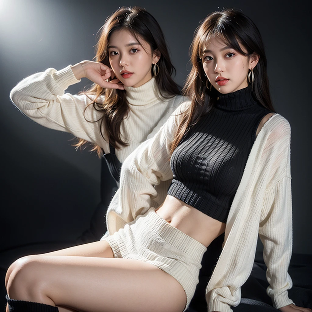 masterpiece、The highest image quality、hightquality、Beautuful Women、japanes、Popular Korean Makeup、detaileds、Swollen eyes、A detailed eye、Detailed skin、Beautiful skins、超A high resolution、(Realistis:1.4)、very extremely beautiful、Slightly younger face、Beautiful skins、thin-waist、(A hyper-realistic)、(illustratio)、(hight resolution)、(8K)、(ighly detailed)(The best illustrations)、(beautifully detailed eyes)、(ultra-detailliert)、(wall-paper)、(详细的脸)、looking at the viewers、fine detailed、 A detailed face、pureerosfaceace_v1、a smile、Looking straight ahead、photos realistic、Bright lighting、profetional lighting、Colorful hair color、(((very_short_hair)))、brightly lit room、painterly、picture frame、earrings, necklaces, bracelets, sexy poses, compositions that show the whole body, boots, fingers in detail, standing, photos that show the whole body、Knit sweater, flared skirt, knee-high socks, boots
