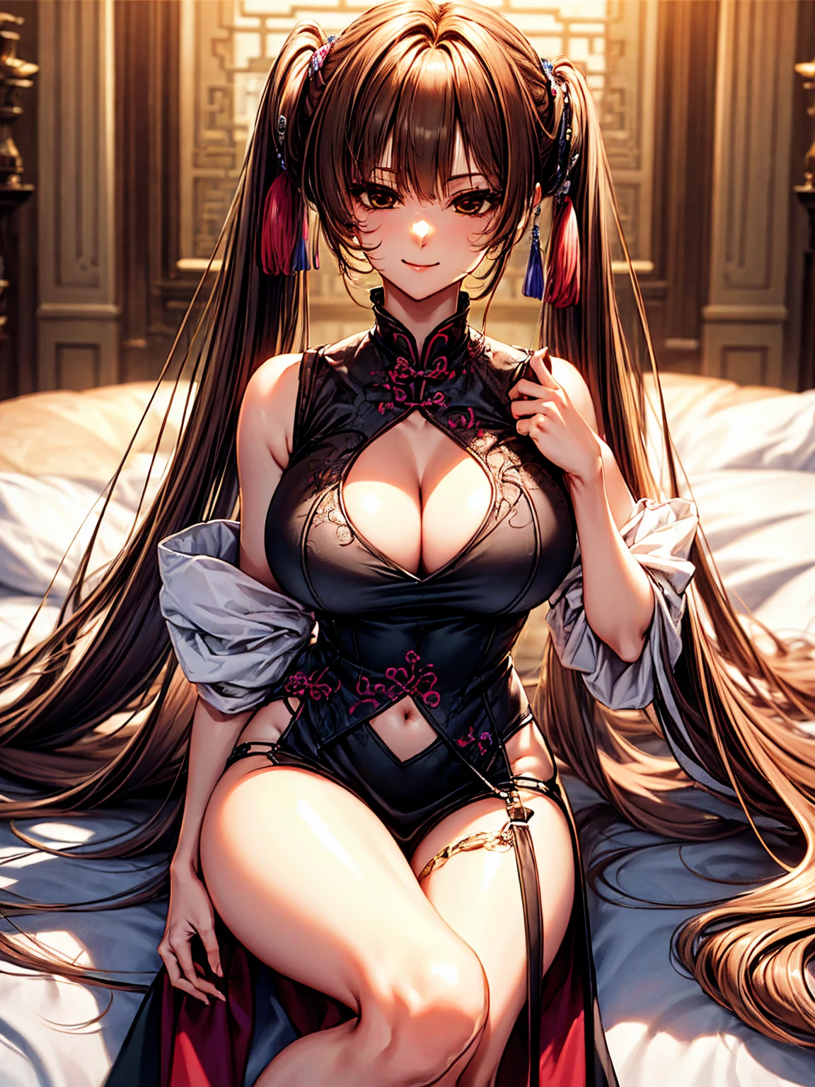 top-quality、tmasterpiece、Very high resolution、super high image quality、High-quality pixels)、perfect eyes, perfect face, perfect body figure,solo,8K, large breast,(Detailed description of hair), (Detailed description of face),(Detailed description of body), fair and clear skin, matchless beauty, long legged, light pink hair details expressed, The details have been upgraded, brown hair, twin ponytails, brown eyes, full-body chinese cheongsam, girlfriend ssmile, white chicks