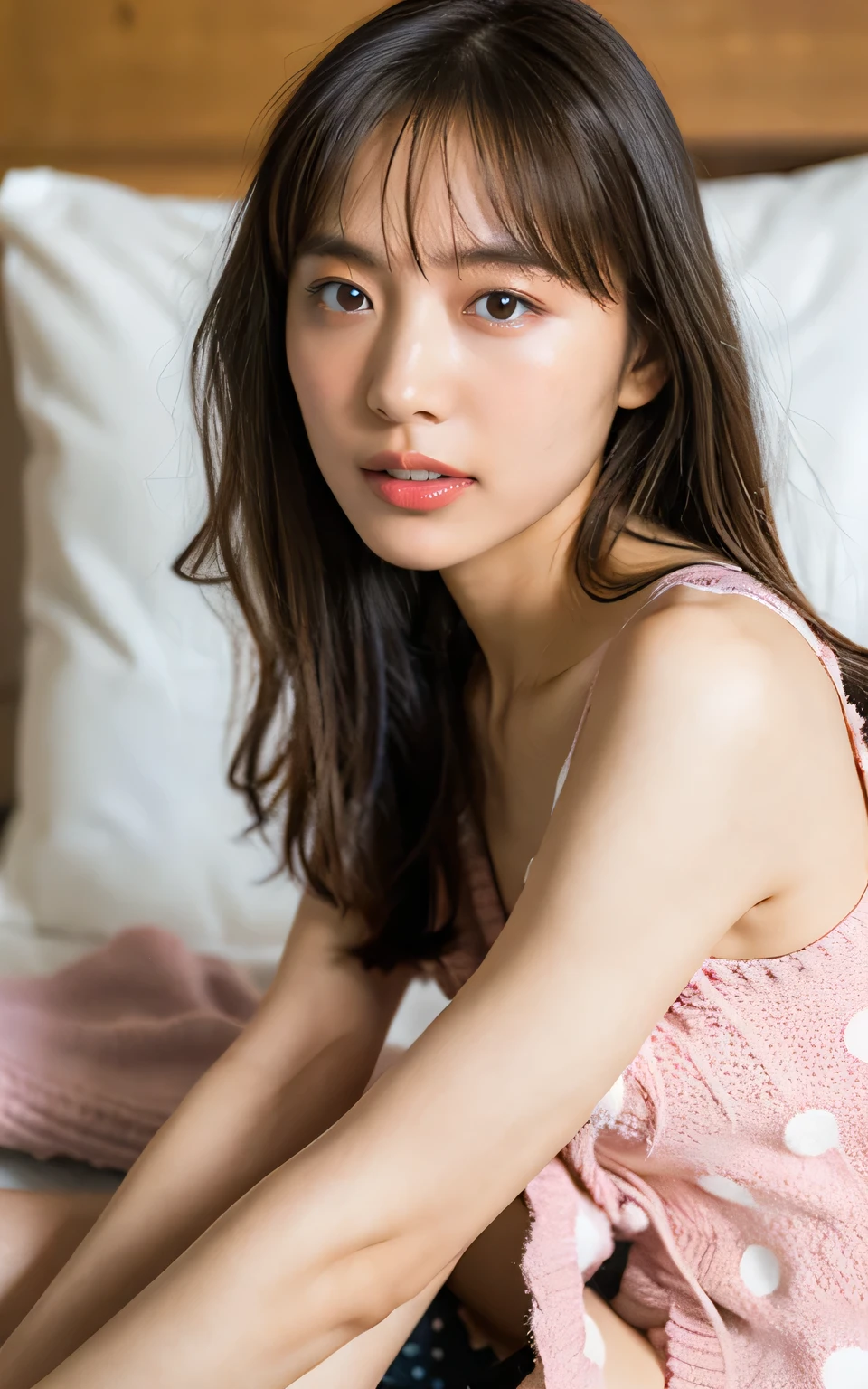 ((Highest quality, 8K, masterpiece :1.3)), Sharp focus：1.2, Bright colors, Professional level, ((Bokeh effect)), Shallow depth of field, 20-year-old female, (A half Japanese, half German woman), ((1 person)), A beautiful face with intelligence, Flexible body :1.3, Model Body Type:1.5, 頭w:1.4, Perfect Style：1.4, Realistic skin texture, Fair skin, Shiny skin, Narrow shoulders, Beautiful clavicle, Long, slender legs, The beauty of slim abs :1.2, Narrow waist :1.2, Highly detailed face, Slim face contour, Beautiful small face, Beautiful Nose, Highly detailed eyes, Long, narrow eyes, Brown eyes, double eyelid, Beautiful thin eyebrows, fine long eyelashes, Fuller lips, Glossy pink lips, My cheeks are red., Beautiful Teeth, Beautiful actress&#39; Perfect Makeup, Silver Necklace, Earrings, Light brown hair, Delicate and soft hair, (Put your hair up, Fluffy short bob:1.2), Layered Cut, (Blunt bangs:1.2),

Mouth half open, Attractive look, Looking into the camera,
((Sleep on your back:1.2)), (Bare legs that make you want to lick them:1.4), Dynamic Lighting,

(See-through polka dot cardigan, Brightly colored thongs:1.4),

((Wrap yourself in a futon and do naughty things with me, She runs her fingers along the crack between her legs., Nipples are visible through the gaps in the clothes:1.5)),

