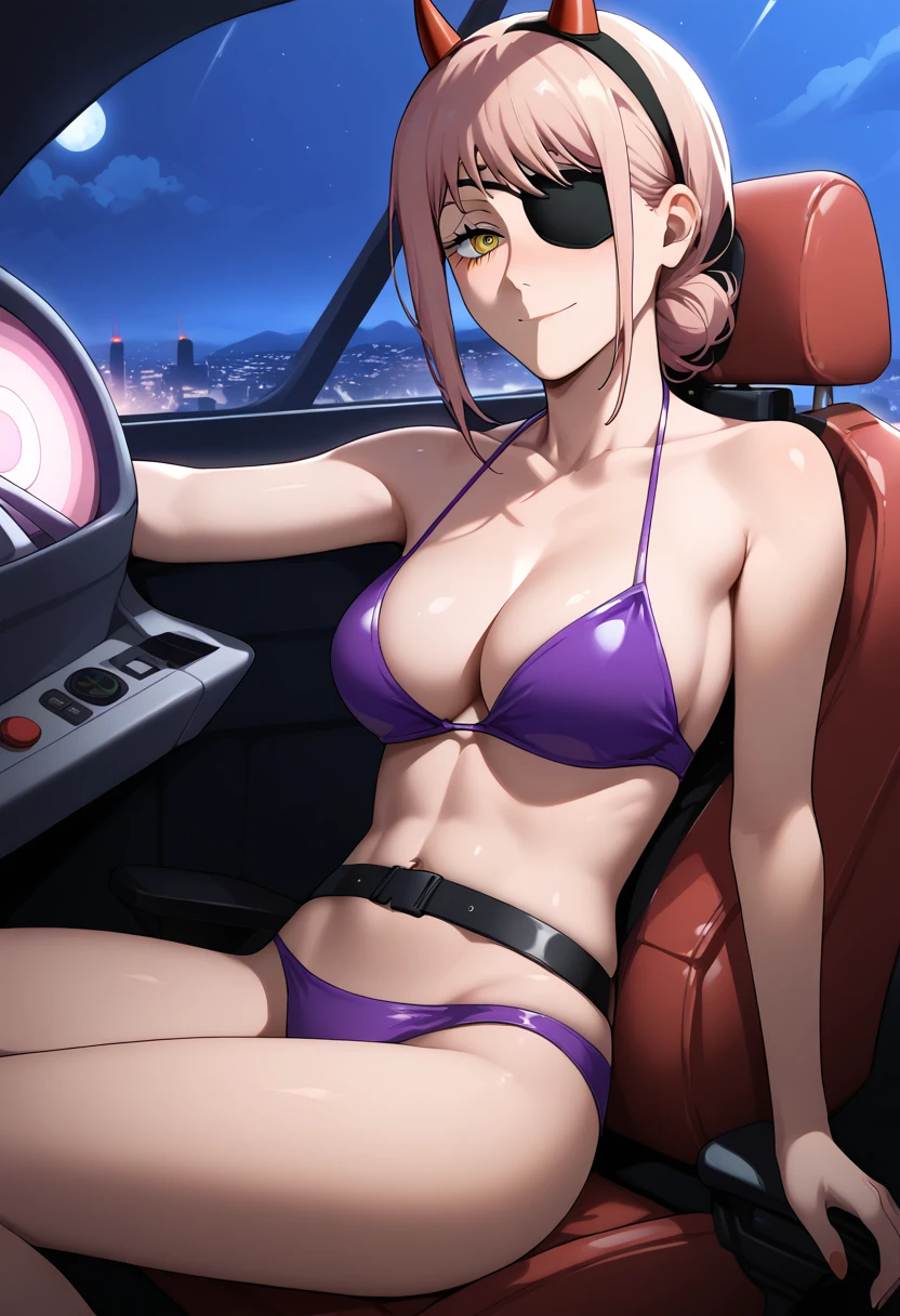 Hymen, Hymen(Chainsaw Man), alone, mature female, mature, Adult, Eye patch, throw, Look down, Mischievous Smile, Wicked Smile, villain, Octopus-themed cockpit, In the cockpit, Control robot, Red iron tentacle-like tube, Octopus-themed liver, Gundam Wing Cockpit, Joystick, Seat belt, Sitting, Latex Purple Bikini, Purple headgear with extension tube, night, dark, masterpiece, Best animation quality,Best image quality,